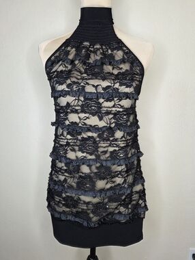 Y2K Moa Moa Lace Halter Top Black Sheer Ruffle Sequin Coquette Indie Witchy USA